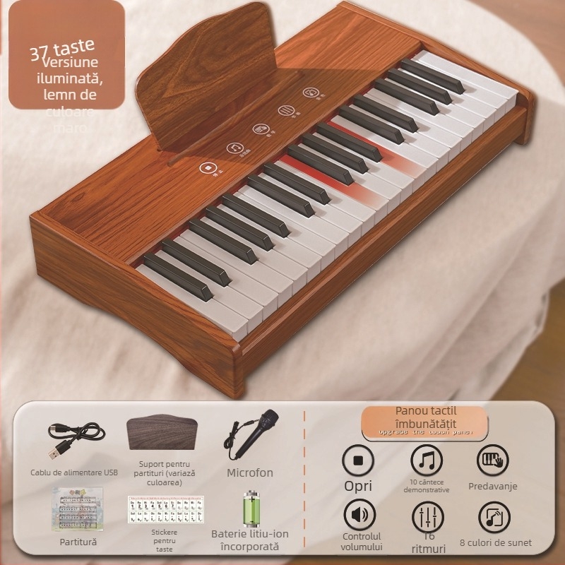 LECHEN keyboard electronic portabil din lemn pentru copii, model 25 de taste/37 de taste