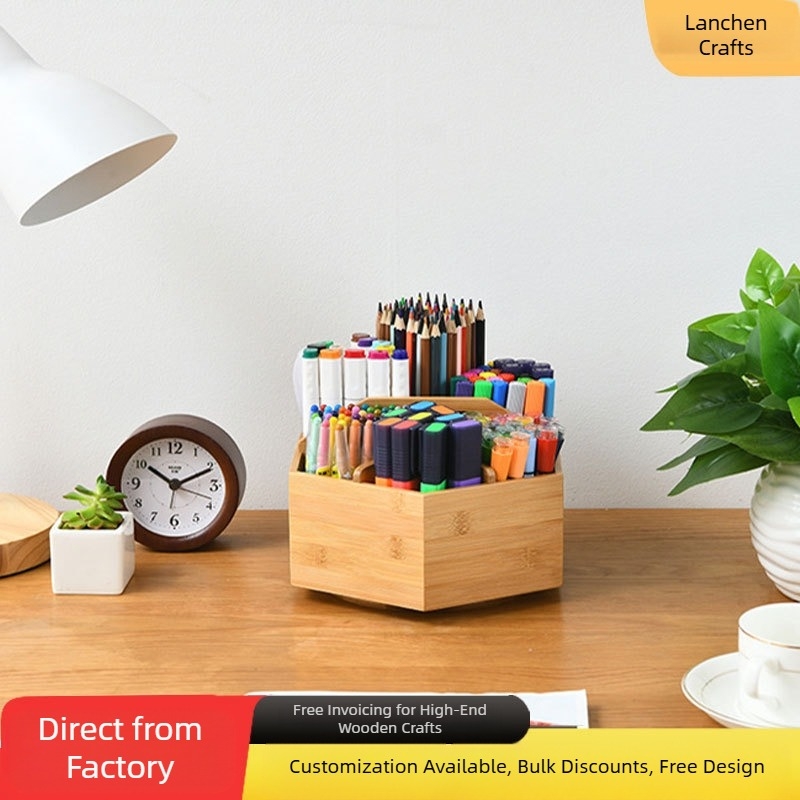 Suport pentru pixuri din bambus, rotativ, formă hexagon, model 012, Blue Morning