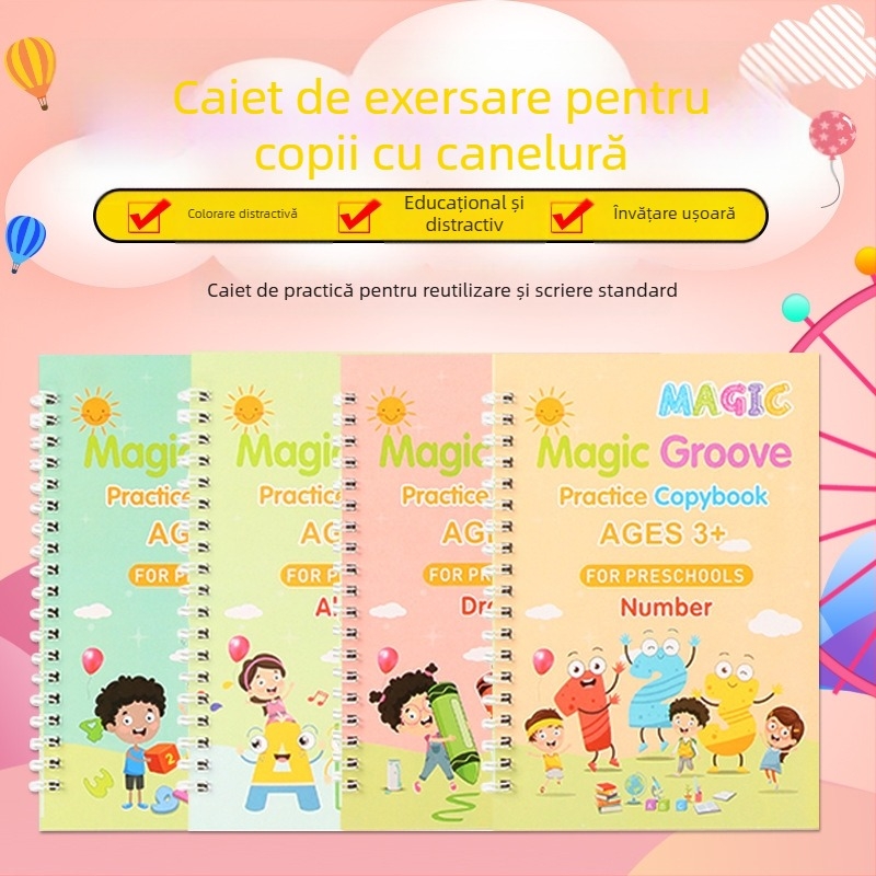 Carte de exerciții pentru caligrafie cu caneluri pentru copii englezi — Ecchi, seria English children practice copybook; material: carton alb; potrivită pentru cerneală cu solvenți slabi; IP autorizare: Nu (Brand: Ecchi; Series: English children practice c