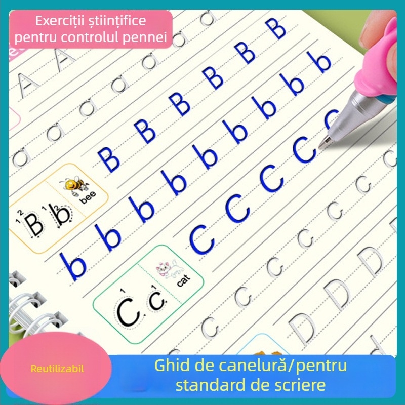 Carte de exerciții pentru caligrafie cu caneluri pentru copii englezi — Ecchi, seria English children practice copybook; material: carton alb; potrivită pentru cerneală cu solvenți slabi; IP autorizare: Nu (Brand: Ecchi; Series: English children practice c