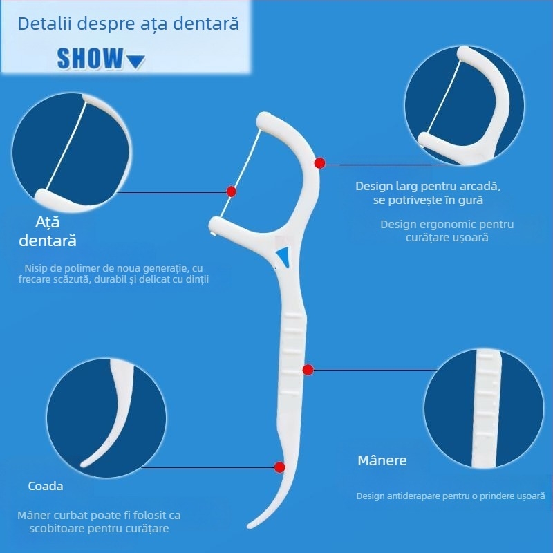 Bețișor dentar cu ață – ultra-fin, în formă de arc, capete duble, 30–50 bucăți, 80–100 pachete
