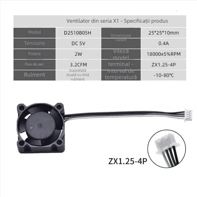 Ventilator pentru răcirea capului de topire cu rulmenți cu bile dubli, pentru răcirea gurii de extrudare, accesoriu de control al temperaturii PWM, model X1C P1S