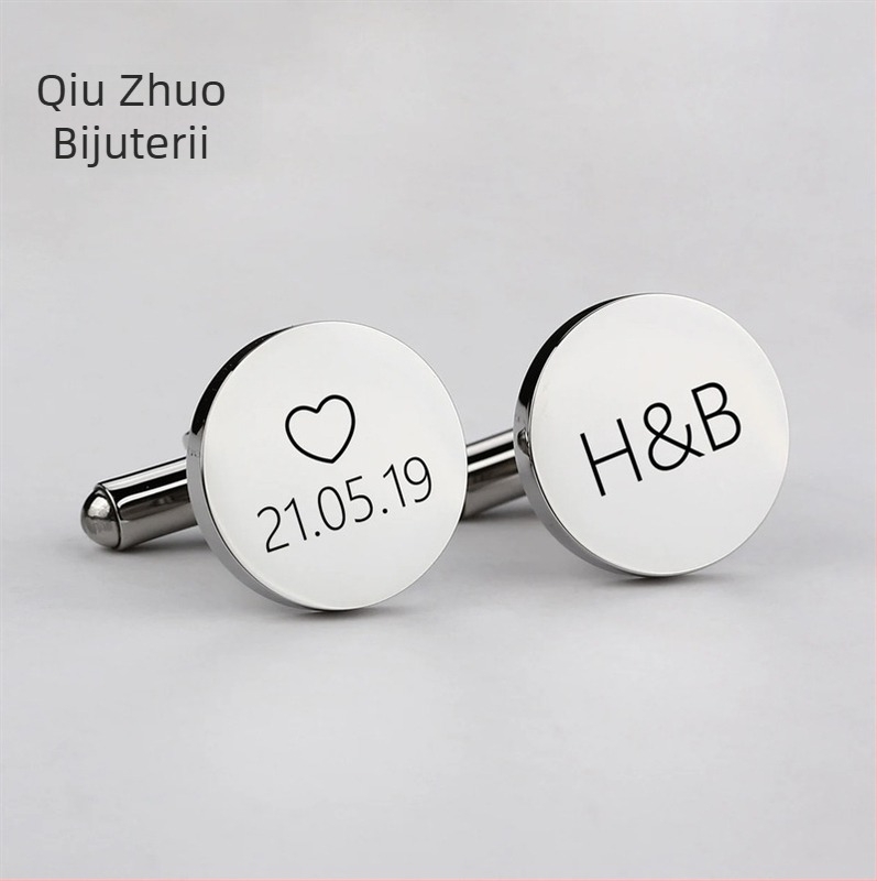 Butoni rotunzi din oțel inoxidabil oglindit, cufflinks franțuzești cu gravură, personalizabili pentru cămăși de bărbați