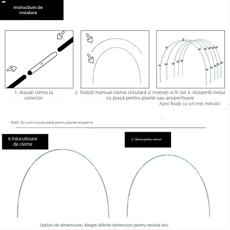 Set de bețe din fibră de sticlă și oțel inoxidabil pentru suport arc în seră de grădină (bare din fibră acoperite cu plastic)