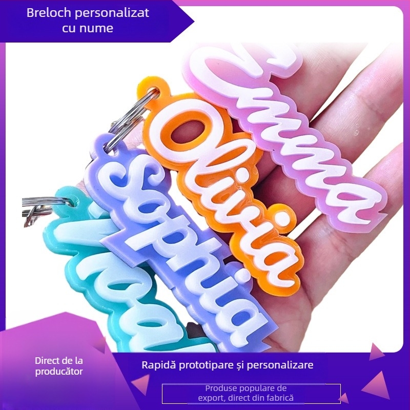 Breloc acrilic personalizat pentru rucsac și cutie de prânz — nume gravat, logo tipărit, stil minimalist retro