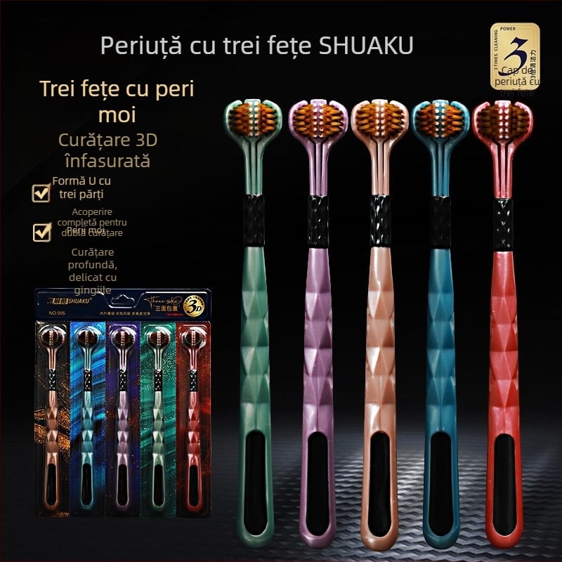Brush Cool periuță de dinți cu trei fețe, model 995, manuală, pachet 5 buc., curățător de limbă
