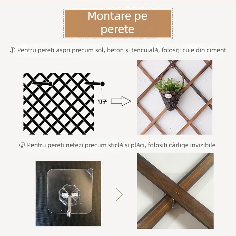 Suport de plante montat pe perete, cu plasă de cățărare din lemn anticoroziv, pentru balcon și grădină. Cod produs Tb-635814615018
