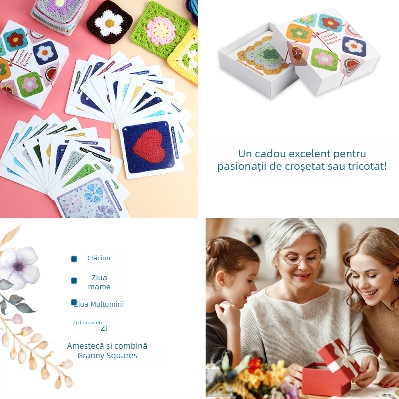 Set croșetat pentru începători cu motive florale în carouri, cu tutorial, stiluri variate, 50 bucăți, 250 g, stil modern