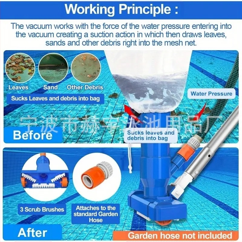 Instrument de aspirare subacvatică pentru piscină, versiune actualizată, cu 4 tije din aluminiu