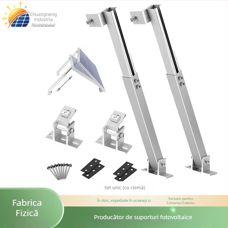 Suport fotovoltaic solar cu picioare frontale și spate reglabile, înclinare 15–30°, aluminiu 6005-T5, 1,82 kg, pentru acoperișuri din țiglă metalică și ciment