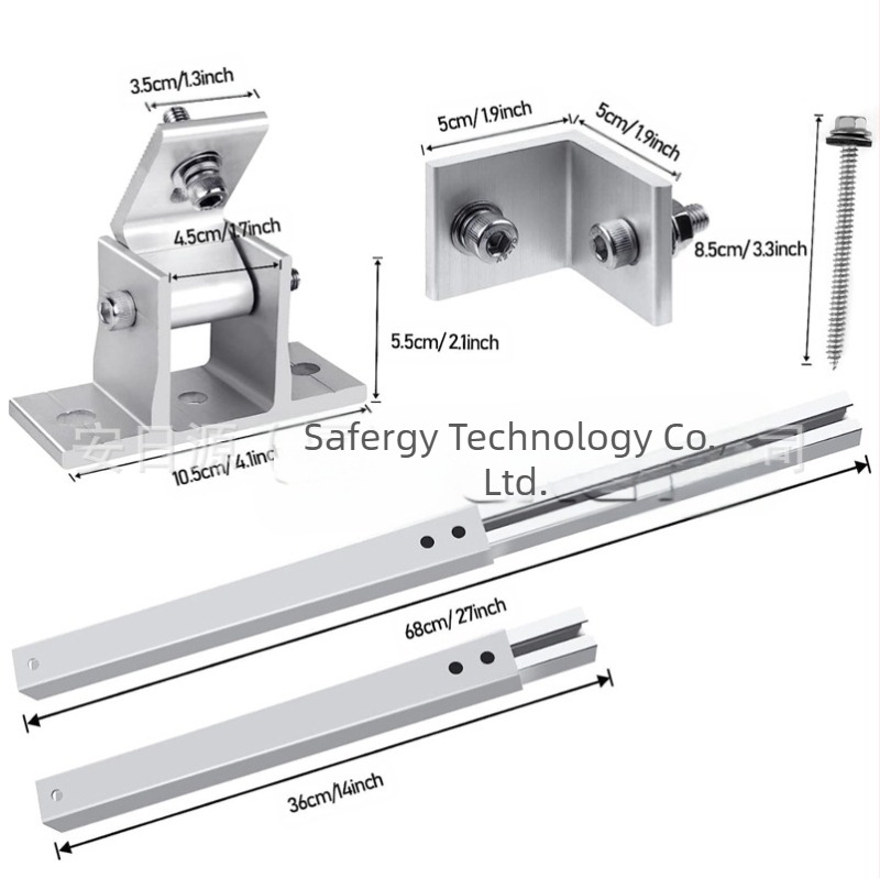 Suport reglabil pentru panouri solare pentru acoperiș din metal, cu picioare frontale și din spate; aliaj de aluminiu; înclinare 15–30°; anodizat; 4 kg