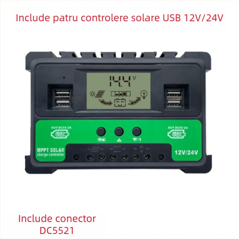 Regulator PWM pentru încărcare solară cu porturi USB, afișaj curent, 12V-24V, 30A/40A/50A
