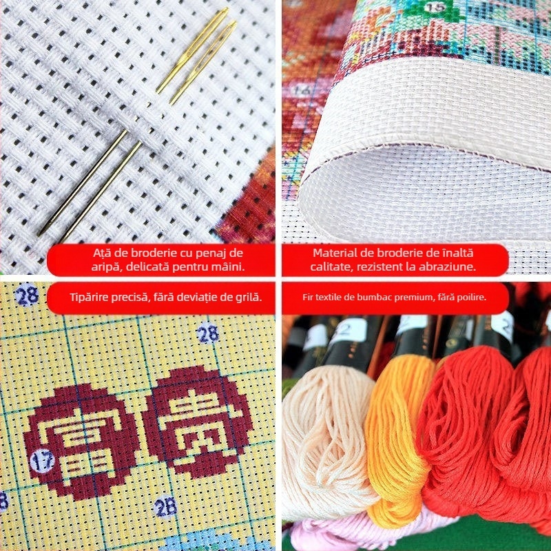 Kit de broderie cu cruce pe pânză de bumbac, motiv floral (flori, iarbă, frunze), 11CT.