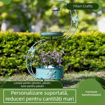 Decorațiune de grădină din fier: ghiveci suspendat în stil pastoral, cu hrănitoare pentru păsări și bazin de baie pentru păsări pentru curte pătrată, 1500 g