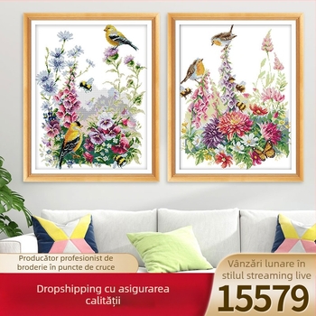 Set de broderie cu cruce: păsări și flori, pânză 11CT, material din bumbac ecologic, pentru sufragerie, dormitor și camera copiilor