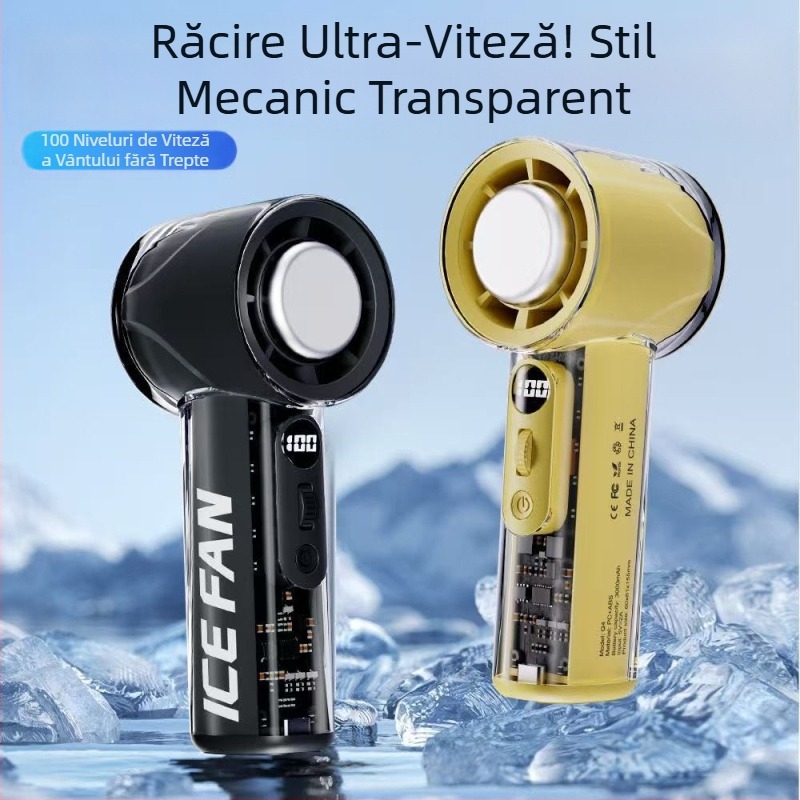 Ventilator nou de mână pentru exterior, portabil, viteză înaltă, USB reîncărcabil, ventilator mini transparent
