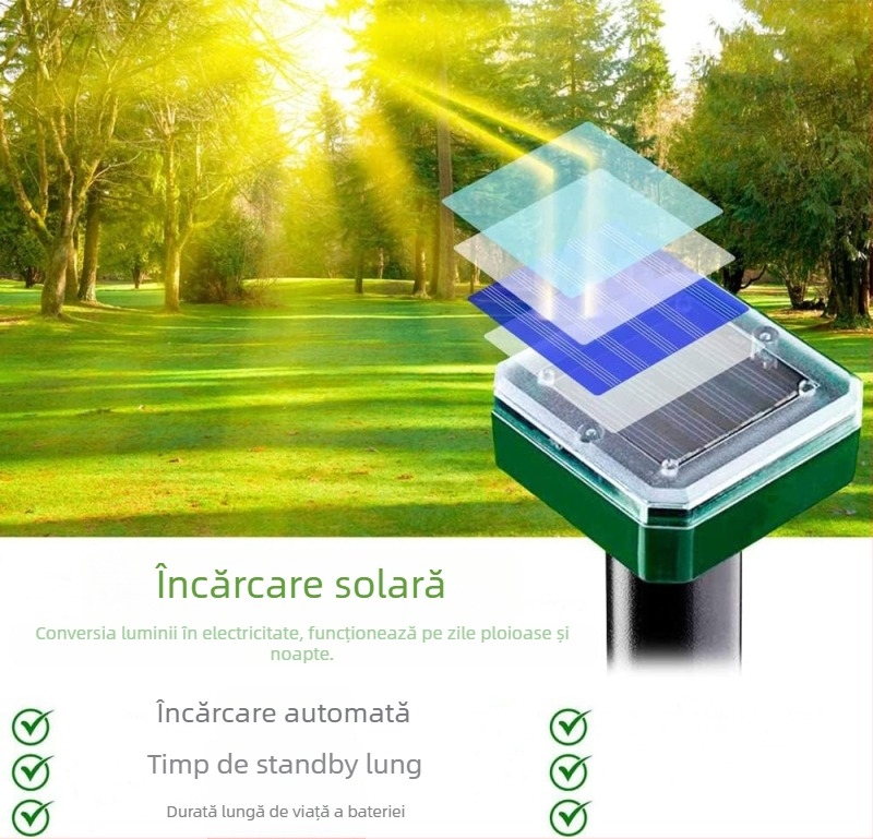 Repelent ultrason solar multiplu de specii pentru grădină – rozătoare, șerpi, păsări, insecte și pisici; Tensiune 1,2 V; Interval ultrasonic 20 s; Carcasă ABS+PP