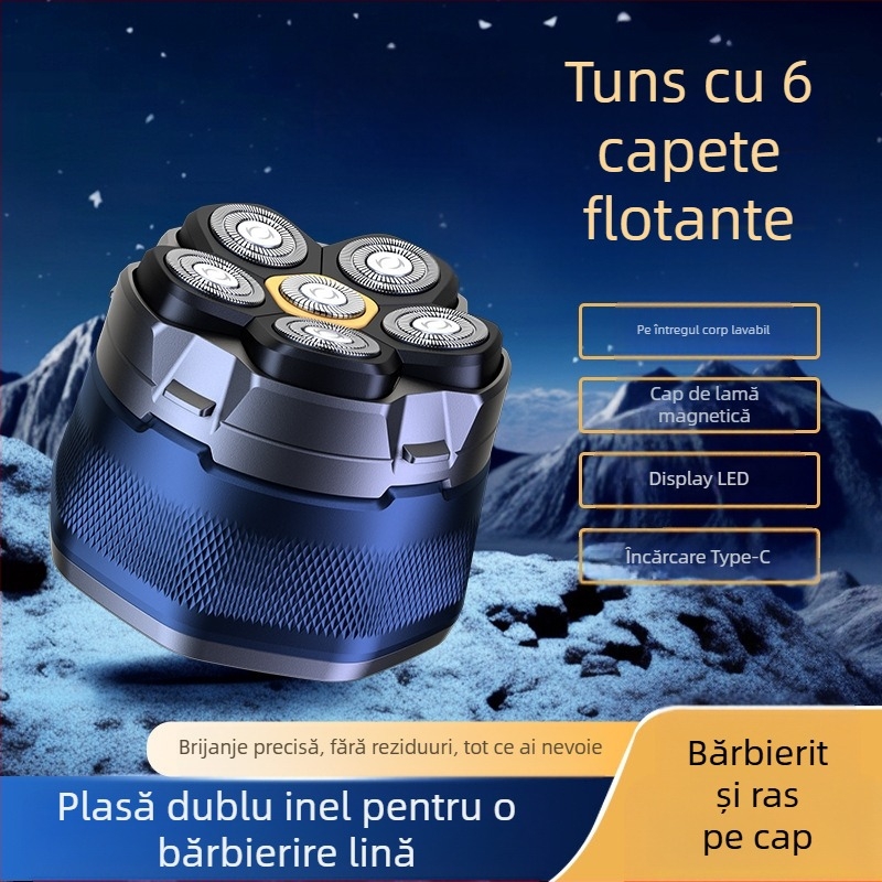 Aparat de ras electric cu șase capete rotative, spălare pentru întreg corpul, afișaj LED, cap de tăiere plutitor, capete demontabile și lavabile, baterie Li-ion încorporată 800–1000 mAh, autonomie peste 60 de minute.