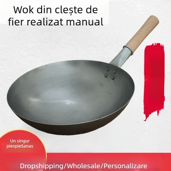 Wok - Fier forjat, stil chinezesc, antiaderent, fund simplu, adâncime 8–11 cm