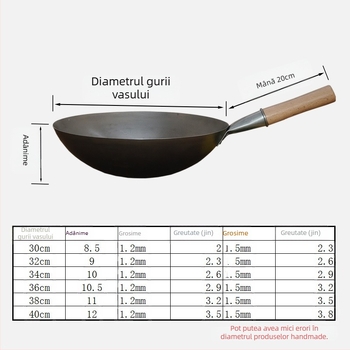 Wok - Fier forjat, stil chinezesc, antiaderent, fund simplu, adâncime 8–11 cm