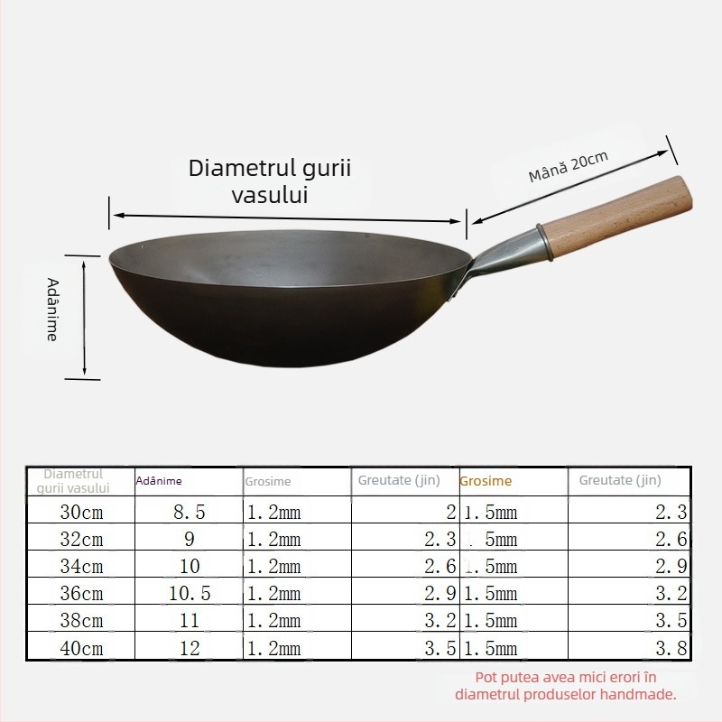 Wok - Fier forjat, stil chinezesc, antiaderent, fund simplu, adâncime 8–11 cm