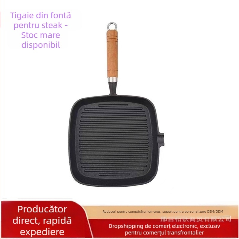 Tigaie din fontă pentru steak, model în dungi, mâner din lemn gros, fără acoperire