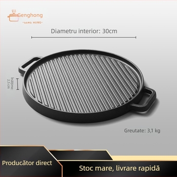 Tigaie din fontă pentru grătar, cu două fețe și model cu dungi, fără strat de acoperire