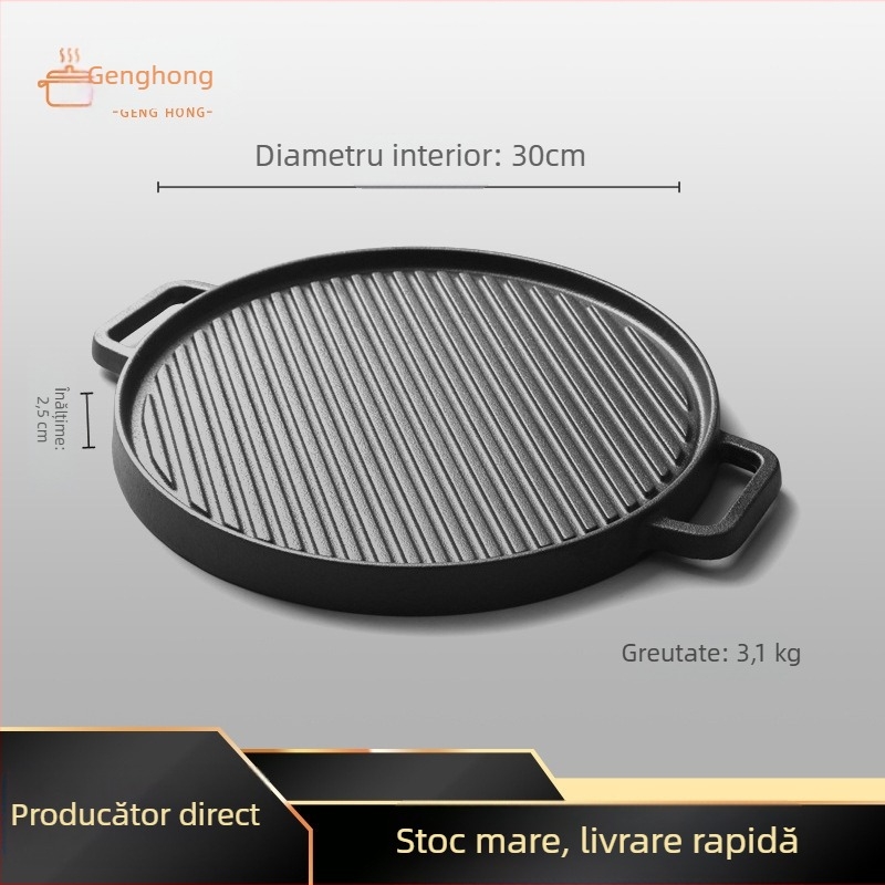Tigaie din fontă pentru grătar, cu două fețe și model cu dungi, fără strat de acoperire