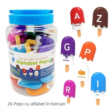 Joc Montessori pentru educație timpurie: potrivire a 26 litere și cifre pe un popsicle de înghețată, pentru copii 3-6 ani, din plastic