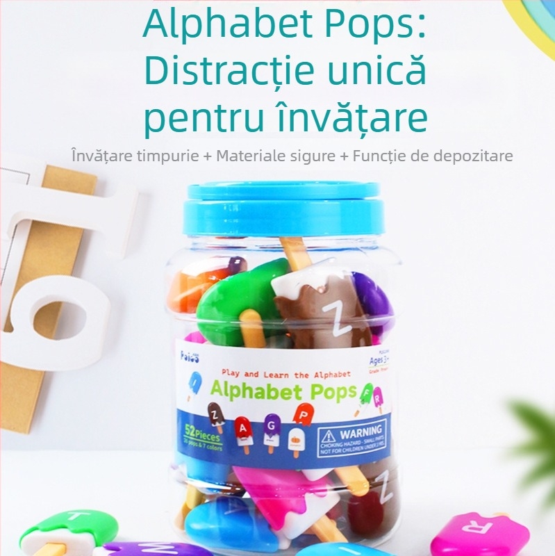 Joc Montessori pentru educație timpurie: potrivire a 26 litere și cifre pe un popsicle de înghețată, pentru copii 3-6 ani, din plastic
