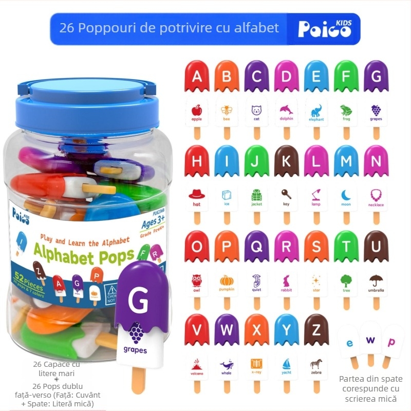 Joc Montessori pentru educație timpurie: potrivire a 26 litere și cifre pe un popsicle de înghețată, pentru copii 3-6 ani, din plastic