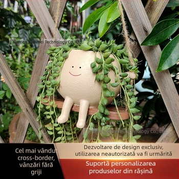Decor pentru ghiveci din rășină cu față zâmbitoare pe leagăn — WePlus; Material: rășină; Proces: proces de rășină; Cadou gata
