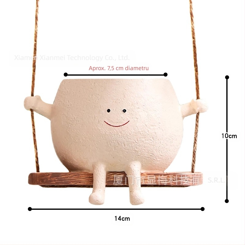 Decor pentru ghiveci din rășină cu față zâmbitoare pe leagăn — WePlus; Material: rășină; Proces: proces de rășină; Cadou gata