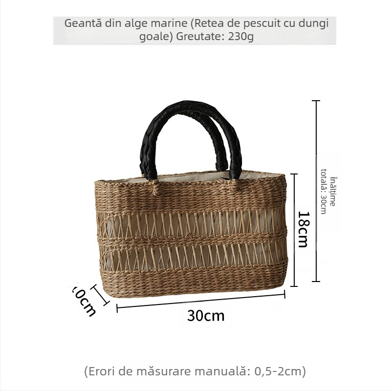 Geantă din paie lucrată manual, stil Nordic, tip coș cu capac – formă rotundă, căptușeală din bumbac, două curele (Material: Paie; Stil: Geantă tip coș; Formă: Rotundă; Închidere: Capac; Căptușeală: Bumbac)