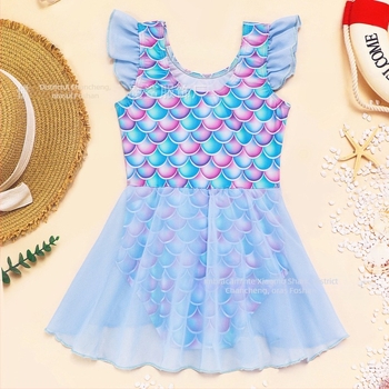 Costum de baie întreg pentru fete cu imprimeu solzi de pește, fără mâneci, uscare rapidă, elasticitate ridicată, poliester 82%, căptușeală poliester