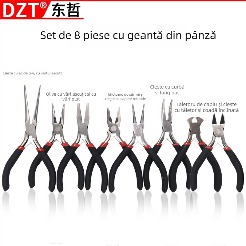 Clește mini cu mâneri acoperite din țesătură și cu capace din plastic, 8 piese pentru asamblare, demontare și instalare (Brand: DZT; Material: oțel 45#; Duritate: înaltă)