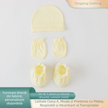 Set de 3 piese pentru bebeluși din 3 piese, șapcă uni, călduță cu margine pliabilă și protecții elastice pentru picioare, stil coreean, 0–6 luni