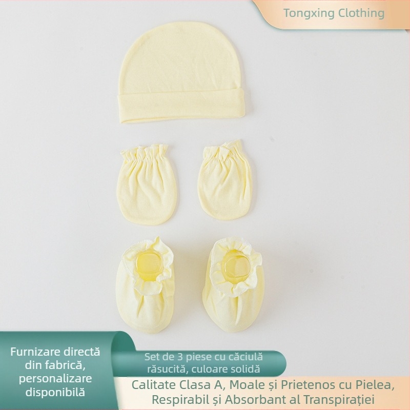 Set de 3 piese pentru bebeluși din 3 piese, șapcă uni, călduță cu margine pliabilă și protecții elastice pentru picioare, stil coreean, 0–6 luni