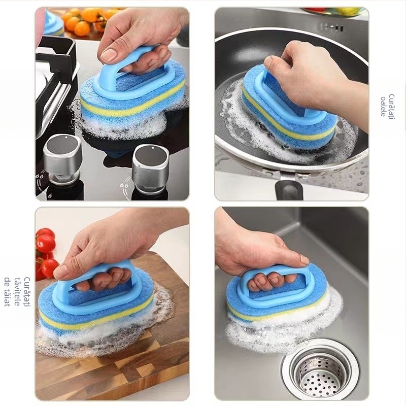 Perie de curățare multifuncțională cu mâner și burete, îngroșată pentru vase și oale - Material: burete; Greutate: 0,036 kg