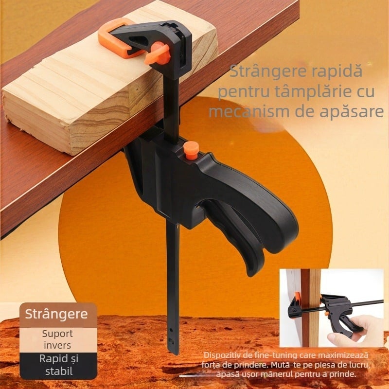 Clește de tâmplă tip F cu fixare rapidă în unghi drept și mecanism de tragere pentru strângere puternică