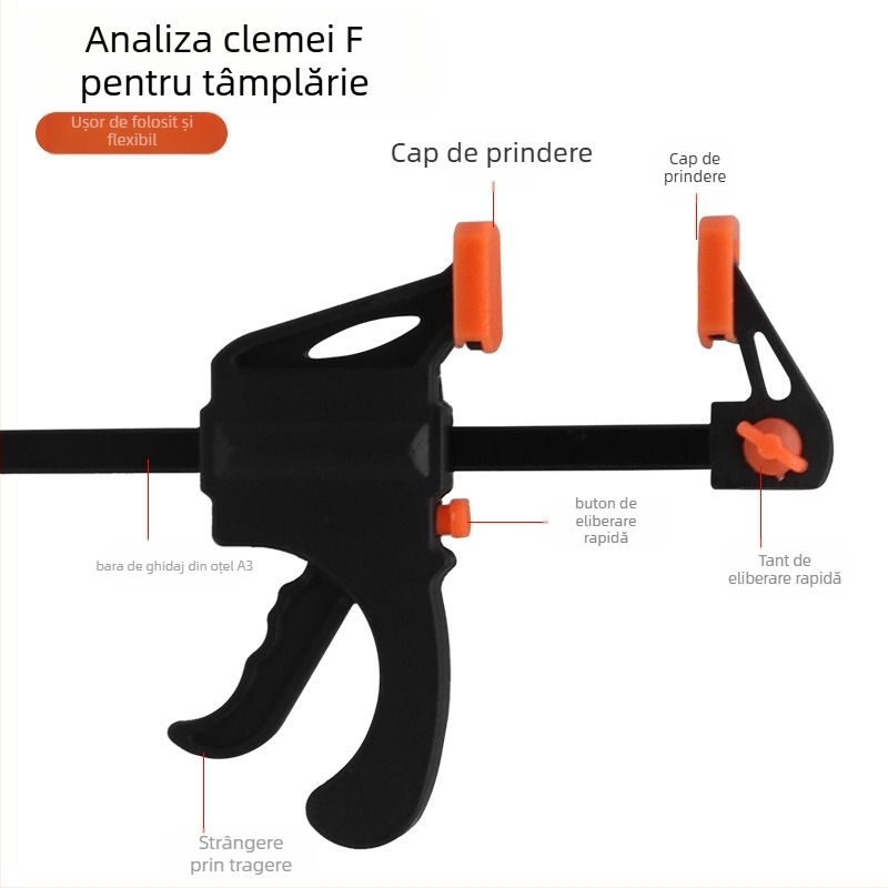 Clește de tâmplă tip F cu fixare rapidă în unghi drept și mecanism de tragere pentru strângere puternică