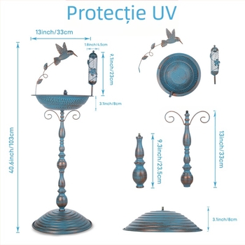 Baie pentru păsări din fier, decorativă pentru grădină, execuție semi-manuală și semi-mecanică (Material: Fier; Execuție: semi-manuală și semi-mecanică; Utilizare: grădină exterioară)