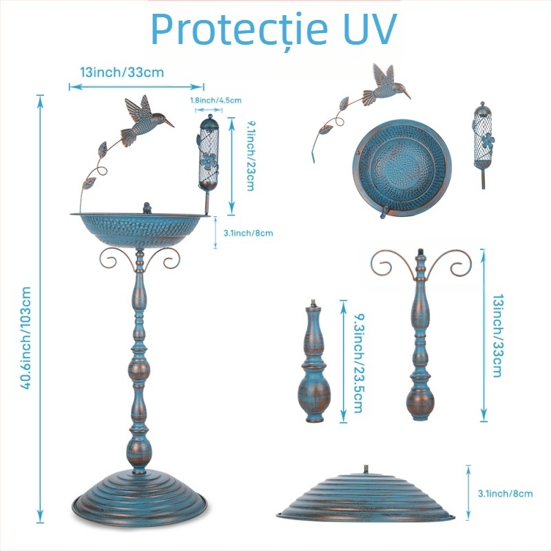 Baie pentru păsări din fier, decorativă pentru grădină, execuție semi-manuală și semi-mecanică (Material: Fier; Execuție: semi-manuală și semi-mecanică; Utilizare: grădină exterioară)