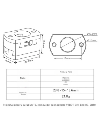 Cupla Oldham pentru imprimantă 3D, ax Z, cu șurub T8