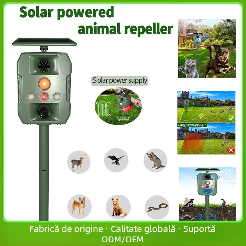 Repelent ultrasonic pentru animale, exterior, model ZS-618, 5V, 13.5–28.5 kHz, 1W, LED lumină intermitentă