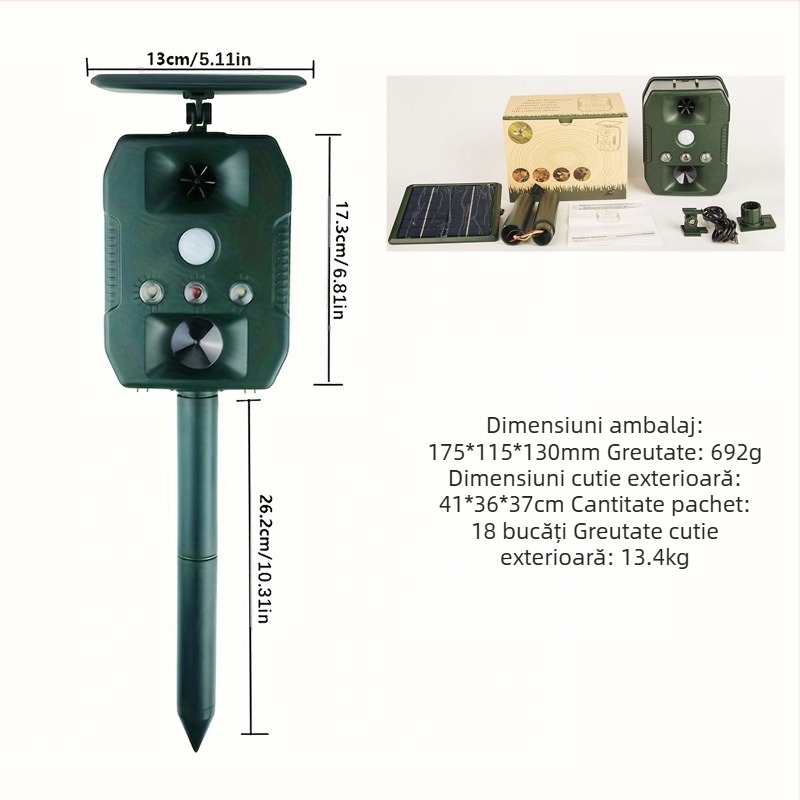 Repelent ultrasonic pentru animale, exterior, model ZS-618, 5V, 13.5–28.5 kHz, 1W, LED lumină intermitentă