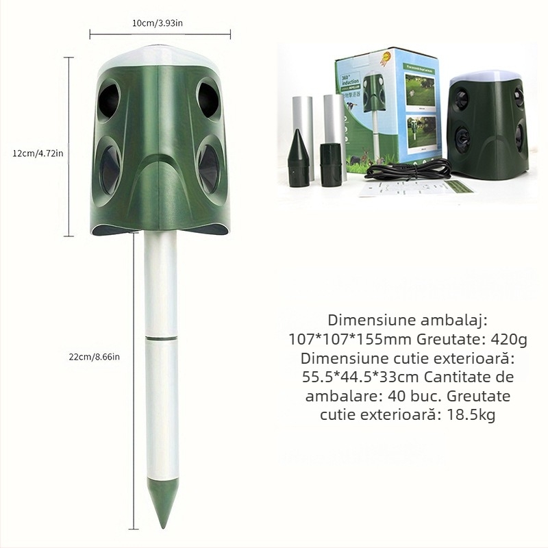 Repeller ultrasonic pentru rozătoare și păsări, acoperire 360°, alimentare solară, 5V 1W, model ZS-026