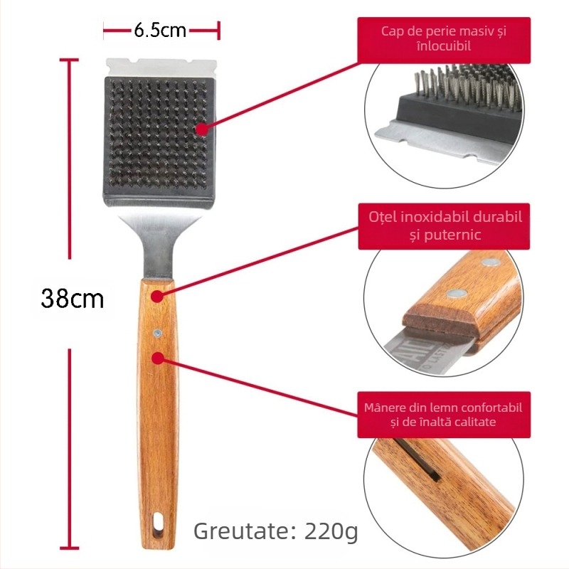 Perie BBQ externă cu scraper, mâner din lemn extensibil, cap cu peri din oțel inoxidabil, pentru curățarea grilului și fumătorului