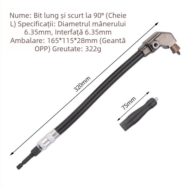 Adaptor pentru burghiu cu unghi de 90° pentru spații înguste — oțel crom-vanadiu, Bo zhi trading company, Zhejiang, 1 set, greutate 0.325