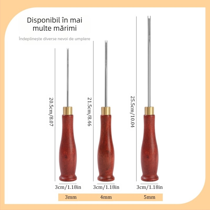 Unealtă mare de umplere din oțel inoxidabil, cu mâner din lemn, pentru umplerea cu bumbac a păpușilor croșetate